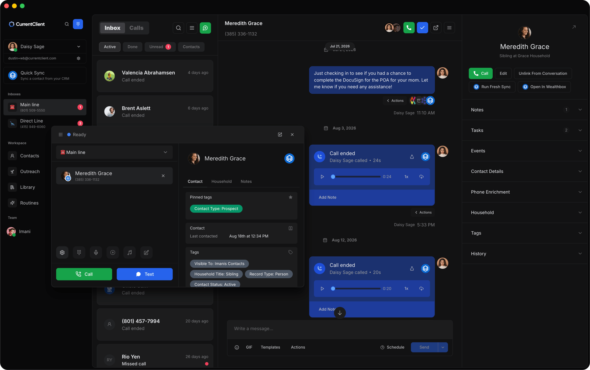 CurrentClient inbox with a live call in progress, in dark mode
