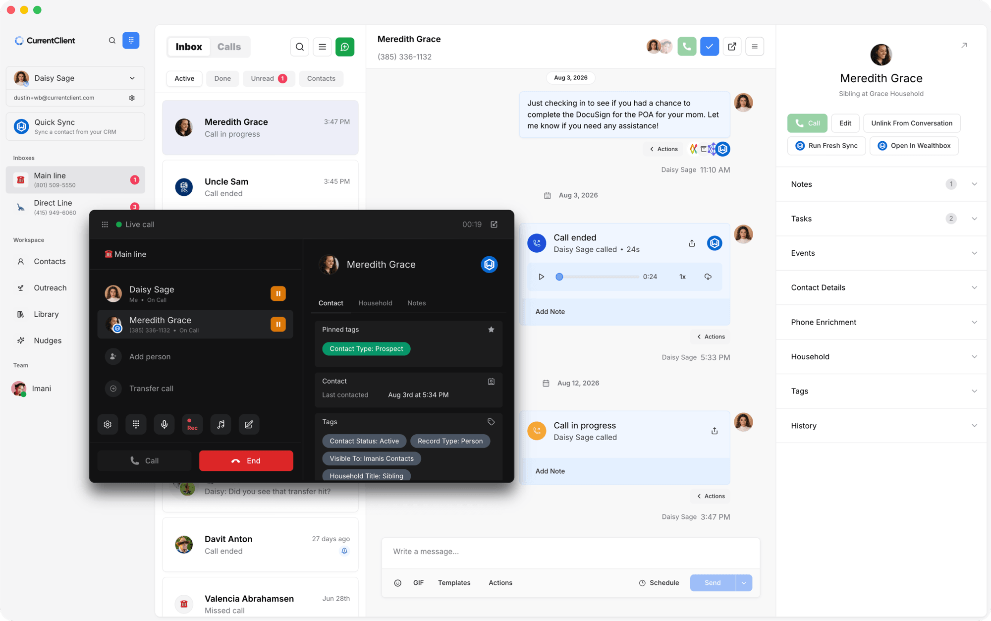 CurrentClient inbox with a live call in progress