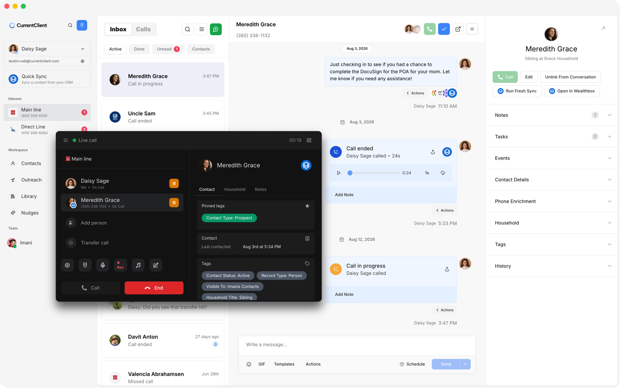 CurrentClient inbox with a live call in progress