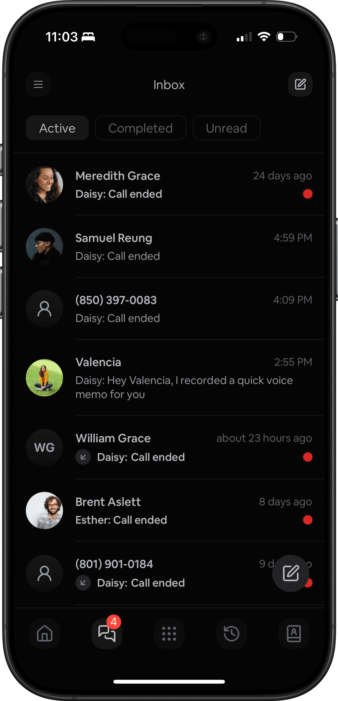 CurrentClient mobile app inbox in dark mode showing active conversations