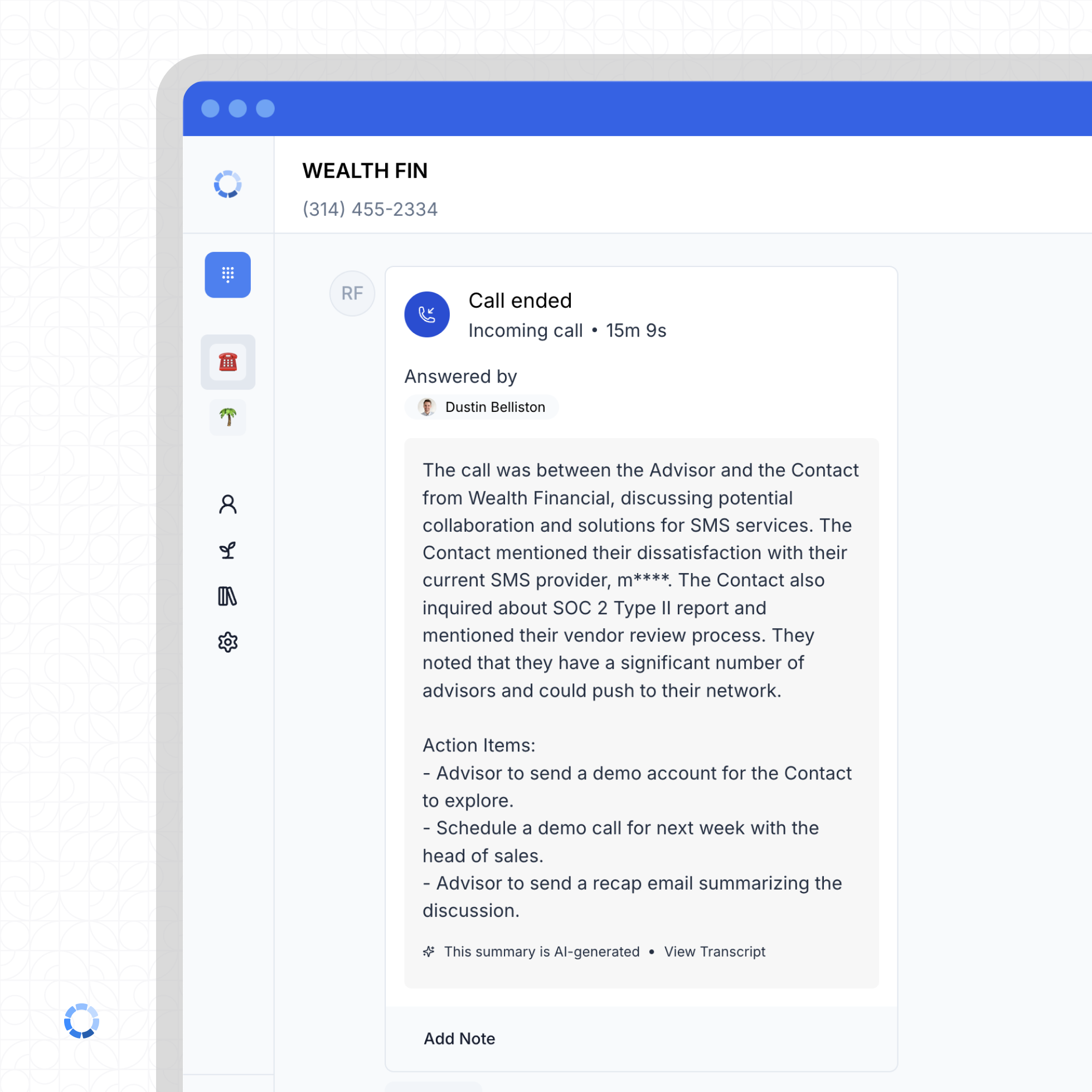 A completed call showing an AI-generated summary with a recap paragraph and a list of action items