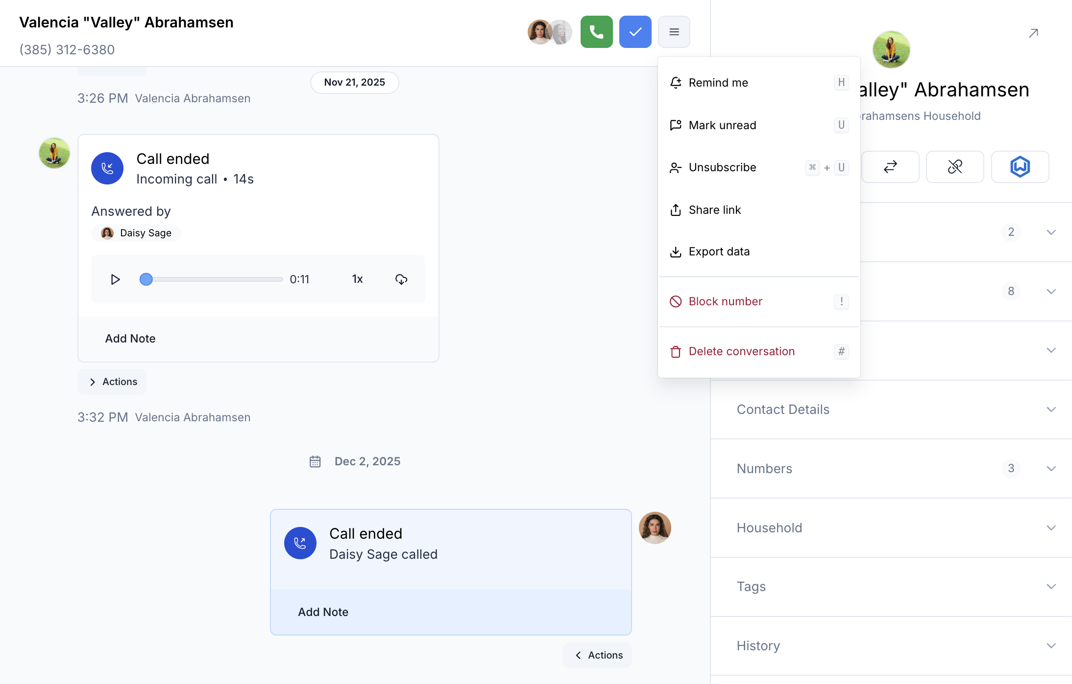 Block number option in the conversation actions menu on desktop